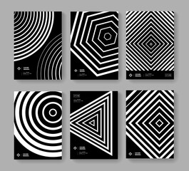 Abstract geometric shapes poster template set. Modern monochrome pattern vector design. Trendy minimal background for Brochures, Placards, Banners, Covers.