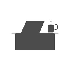 desk with laptop computer and coffee mug icon, silhouette style