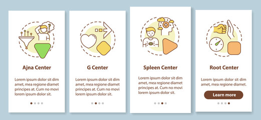 Energy center type onboarding mobile app page screen with concepts. Spiritual body channel. Human design walkthrough 5 steps graphic instructions. UI vector template with RGB color illustrations