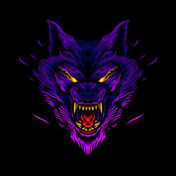 detailed angry wolf head illustration and tshirt design