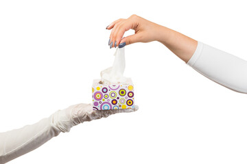 Healthcare worker's hand giving tissues