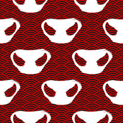 Symbol of 2021 Chinese New Year of the Ox. Seamless pattern ink brush drawn snout. Hand written white bull nose on China oriental background. Vector Japan traditional textile print