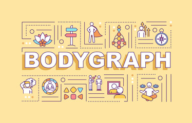 Bodygraph word concepts banner. Human design system. Spiritual knowledge of inner world. Infographics with linear icons on orange background. Isolated typography. Vector outline RGB color illustration