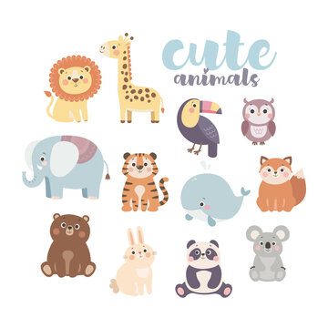 Cute cartoon animals set. Lion, giraffe, owl, elephant, tiger, whale, fox, bear, rabbit, panda, koala, toucan. Vector illustration
