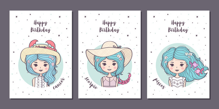 Set of birthday greeting cards design with cute cartoon zodiac girls. Water zodiacal signs: Cancer, Scorpio, Pisces. Vector illustration
