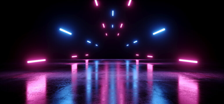 Glowing Neon Laser Blue Purple Warehouse beams Studio Lights Industrial Background Concrete Grunge Hallway Tunnel Corridor Dark Cyber Virtual Underground 3D Rendering © IM_VISUALS