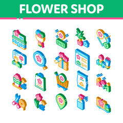 Flower Shop Boutique Icons Set Vector. Isometric Flower Store Building And Delivery, Floral Present And Vase, Internet Web Site And Bag Illustrations