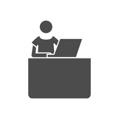 pictogram man working with laptop computer at office desk, silhouette style