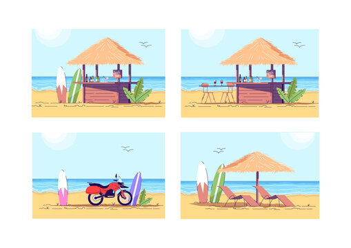 Relaxation on beach semi flat vector illustration set. Cocktail bar to drink refreshment. Motorcycle and surfboard. Extreme sport. Hawaii summer 2D cartoon scenery for commercial use collection