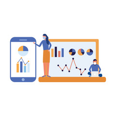 Woman and man with mask and infographic on smartphone and laptop vector design