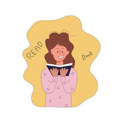Girl reading a book, student studying textbooks, design conceptual in flat style vector illustration
