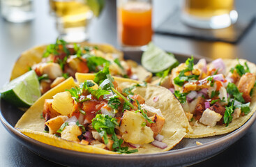 colorful grilled pineapple and chicken street tacos on plate with lime