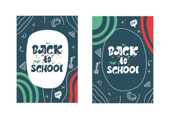 Back to school set of creative posters for advertising retail marketing and education. Design for flyers, postcards, envelopes, covers, and advertising flyers. Concept of education. Vector banners wit