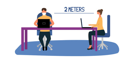 Social distance in the office, masked workers stay at a distance of 2 meters, work during an epidemic in the country, vector illustration