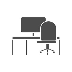 office chair and desk with computer, silhouette style