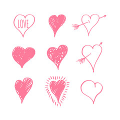 Vector hearts love set. Hand drawn elements.