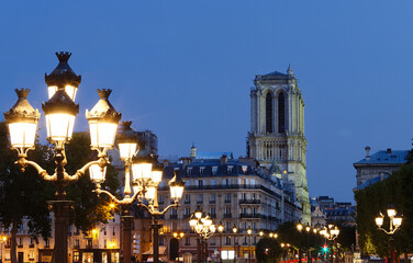 Fototapeta na wymiar View of the bell towers of Notre-Dame de Paris cathedral and traditional street lamps in the foreground at night.