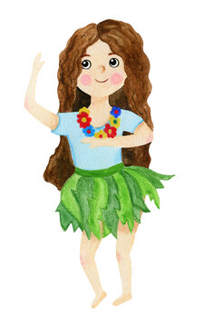A girl, a brunette in a skirt of palm trees, dances a Hawaiian dance with flowers. Children's watercolor illustration on a white background.