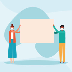 Woman and man with medical mask and banner board vector design