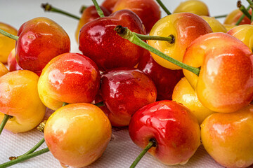 Cherry on a white background. Red and yellow berry closeup macro. Blurred background. Organic fruit. Fresh fruit.