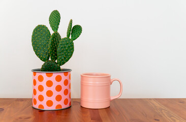 Cactus and mug in flowerpot on wood table. background hollow plant.