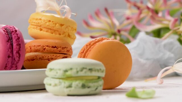 A french sweet delicacy, macaroons variety closeup. Color fresh macaroons on wooden background.