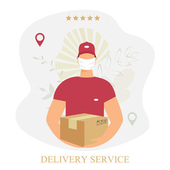 Delivery service banner. A male courier in protective medical mask holds a cardboard packing box. Messenger in red uniform, baseball cap. Mobile app template decorated abstract leaves. Concept vector