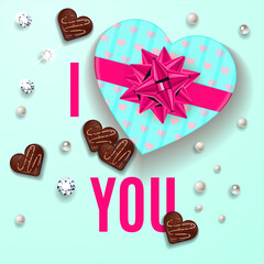 I love you elegant blue greeting card. Happy Valentine's Day celebrate banner. Romantic design with gift box of chocolate in heart shape with candy, pearls and diamonds. Vector illustration