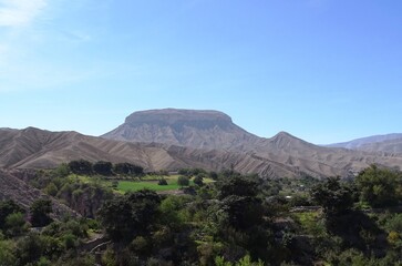 Fototapeta na wymiar View to Cerro Baúl (Trunk Mountain) from Moquegua Valley (Southern peruvian desert)