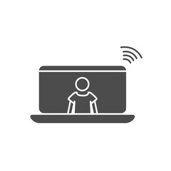 laptop computer with pictogram man on screen and wifi signal icon, silhouette style