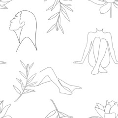 Black and white line art seamless pattern, hand drawn sketch. Outline drawing with women, lotus and olive leaves. Vector background, spa and relax concept