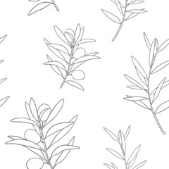 Naklejka premium Black and white line art seamless pattern, hand drawn olives sketch. Outline drawing with olive branches. Vector background