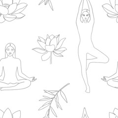 One line art seamless pattern, hand drawn sketch. Outline drawing with women and lotus flowers. Vector background, yoga and meditation concept