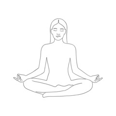 Yoga lotus pose line art, outline drawing, vector illustration. Asana for ajna chakra, yoga and cross legged meditation design. minimalism style