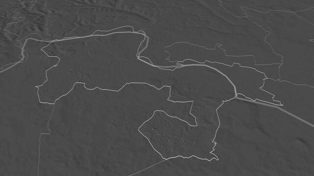Windsor and Maidenhead, metropolitan district with its capital, zoomed and extruded on the bilevel map of England in the conformal Stereographic projection. Animation 3D