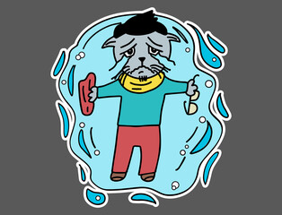 Sad Cat hipster is crying and lying in a puddle of tears. Flat style cartoon sticker for t-shirt, sweatshirt, banner, poster postcard.