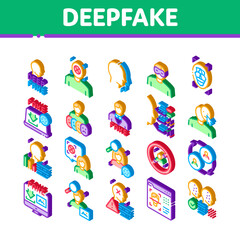 Deepfake Face Fake Icons Set Vector. Isometric Human Face Research And Change, Computer Video Analysis And Downloading Image Illustrations