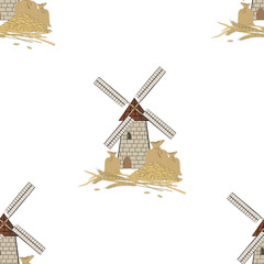 Vector seamless pattern of mills, bags with grain and ears of wheat on a white background.