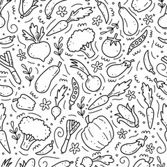 Hand drawn seamless pattern of vegetable elements, carrot, salad, tomato, onion, lettuce, chili, cucumber. Doodle sketch style. Vegetables element of vector illustration for menu, fabric, textile.