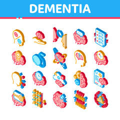 Dementia Brain Disease Icons Set Vector. Isometric Dementia Mind Degenerative Illness, Memory Loss And Poor Speech Pronunciation Illustrations