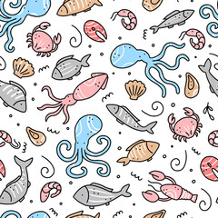 Hand drawn seamless pattern of seafood elements, fish, lobster, oyster, octopus, shrimp. Doodle sketch style. Sea food element drawn by dogital pen. Vector illustration for icon, menu, recipe design.