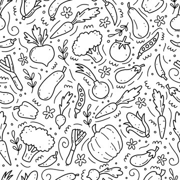 Hand drawn seamless pattern of vegetable elements, carrot, salad, tomato, onion, lettuce, chili, cucumber. Doodle sketch style. Vegetables element of vector illustration for menu, fabric, textile.