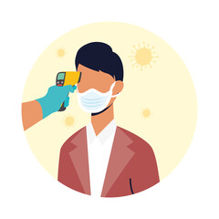 check temperature with laser thermometer to male patient