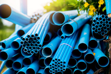 Selective to blue plastic pipe background. PVC pipes stacked in warehouse of construction site.
