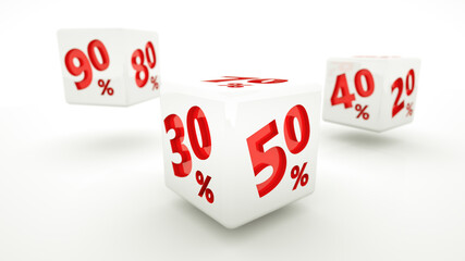 Dice with percent symbols isolated on white background. 3d illustration