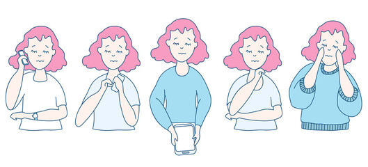 Set of cute vector girl with closed eyes in different clothes with fair skin, different poses and gadgets. She stands with a phone and a tablet, dreams. Vector illustration of flat people.