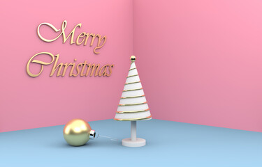 Obraz na płótnie Canvas Merry Christmas postcard . Christmas golden tree . 3D rendering . 3D illustration