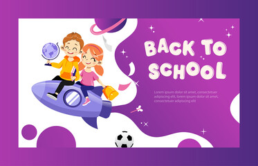 Obraz na płótnie Canvas Concept Of Back To School. Kids Ready To Study In New Academic Year. Happy Classmates Boy And Girl Flying On Rocket Together Holding Globe And Book In Hands. Cartoon Flat Style. Vector Illustration