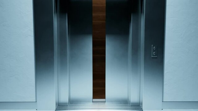 Elegant brushed steel elevator door opens revealing a deep, empty shaft. 4KHD