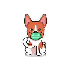 Cartoon character basenji dog wearing protective face mask for design.